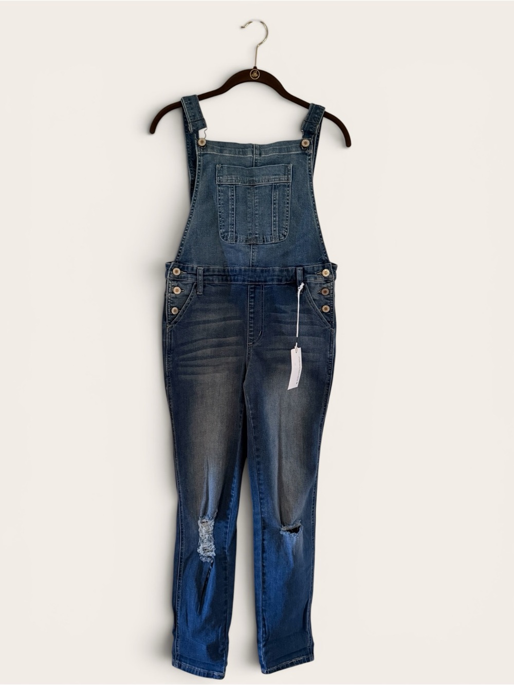 NWT KanCan Distressed Denim Overalls Medium Wash Size XS